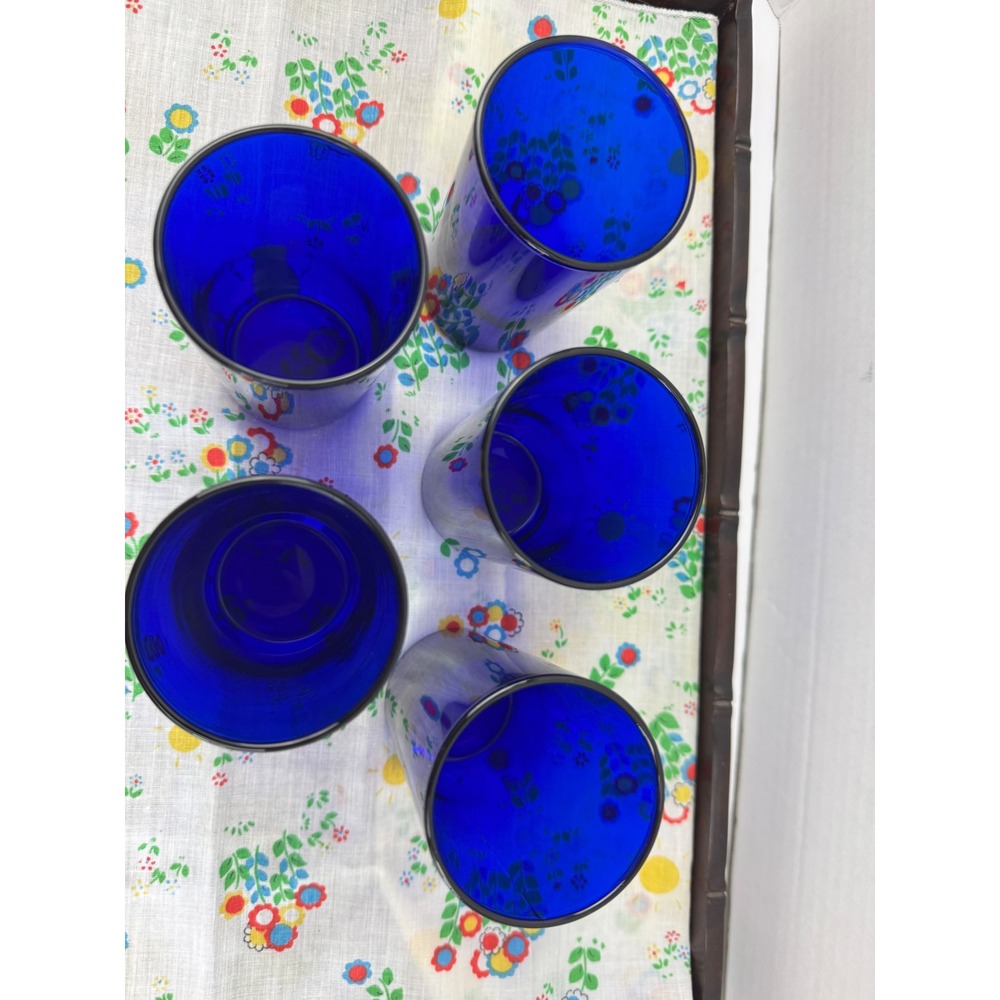 Vintage Cobalt Blue Glass Tumblers Set of 5 Mid Century Modern Juice Glasses - Picture 2 of 4